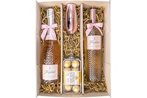 SPARKLEWARE Rosé 75cl Gift Set (75cl x 2) with One Metallic Pink Champagne Flute, Ferrero Rocher Chocolates and Gift Box - Rosé Italian Wine Gift Hamper for Him and Her (Rosé Duo Pink Top)