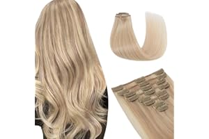 TESS Extensiones de Clip de Pelo Natural 55 cm, Extensiones Clip Pelo Humano #16P22 Balayage Rubio Claro/Rubio Dorado 8 Piezas Extension Con Clip 75g Liso Extensiones de Pelo Natural Con Clip