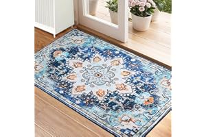 XSIVOD 60x90cm Vintage Area Rugs for Entryway, Small Non-slip Boho Distressed Throw Bedside Rug Bathroom Door Mat, Luxury Soft Low Pile Washable Carpet for Livingroom Laundry Bedroom, Teal Blue