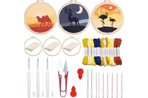 Woohome 3 Stück Punch Needle Anfänger Stickerei Set, Punch Needle Stoff mit Muster, Stickrahmen, Fäden, Anleitung für Kunsthandwerk (Kamel, Flamingo, Elch)