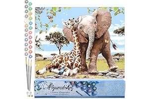 Figured'Art Pintar por Numeros Adultos Jirafas Y Elefantes - Manualidades pintura acrilica Kit Cuadro DIY completo - 40x50cm sin bastidor