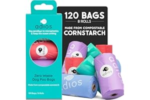 ADIOS PLASTIC Adios - Compostable Dog Poop Bags, 120 Count (8 Rolls) - Rainbow Colours - Extra Thick, Leakproof, Odour Proof Dog Waste Bags - Made from Compostable Cornstarch - Easy Tear Rolls
