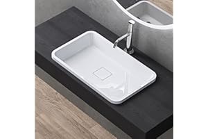 doporro Lavabo da Incasso Soprapiano 60x38 cm in Resina Minerale Bianco Lucido, Lavandino Rettangolare da Appoggio Senza Foro Rubinetto con Piletta Inclusa – Colossum104