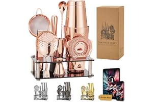 Jettory Boston - Set Shaker da Cocktail in Acciaio Inox, 10 Pezzi, Con Base Acrilica, Colino, Pinza per Ghiaccio, Cucchiaio, Misurino, Pestello, Perfetto per il Bar di Casa (Oro Rosa)