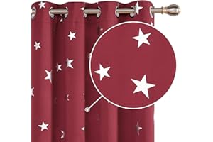 Deconovo Gardinen Verdunkelung Thermo Vorhänge mit Ösen Vorhang mit Muster Sterne, 183x140 cm(HöhexBreite), Rot, 2er Set