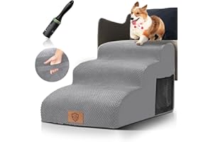 HEVOL Escaleras para Mascotas de 3 Peldaños, Escalones para Perros de Espuma de Alta Densidad con Funda Extraíble y Lavable, Escaleras para Perros,Gatos para Cama, Sofá, Enviar 1 Rodillo de Pelusa