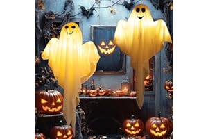 LMSHOWOWO 2PCS 60cm Halloween Deko Geist, Hängende Geister mit LED Licht, Gruselige Geist Windsack Hängende Dekoration, Halloween Deko Outdoor, für Party Terrasse Garten Veranda Patio Rasen Vorgarten