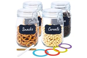 LG Luxury & Grace 4 Tarros de Cristal Herméticos 0,78 L. Botes de Vidrio con Clip Inoxidable. Con Anillas de Silicona. Conservas y Almacenamiento. Incluye Juntas de Repuesto + Etiquetas y Rotuladores.