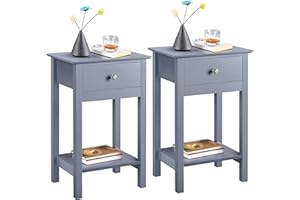 ‎YAHEETECH Yaheetech Set of 2 Bedside Tables with Drawer and Shelf, Wooden Side Table, Storage Table, Night Console for Bedroom and Living Room, Grey