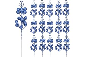KKSTY Pack of 16 Christmas Glitter Berry Stem, Artificial Berry Picks Holly Berries Branches for Christmas Tree Decoration Wreath Making Supplies DIY Crafts Holiday Season Winter Home Decor (Blue)