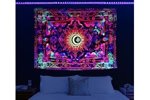 HOLAVIDA Luce Nera Sole Arazzo Bohemian Indiano Hippie Mandala UV Reattivo Psichedelico Appeso a Parete per Camera da Letto Soggiorno(150cm×100cm)