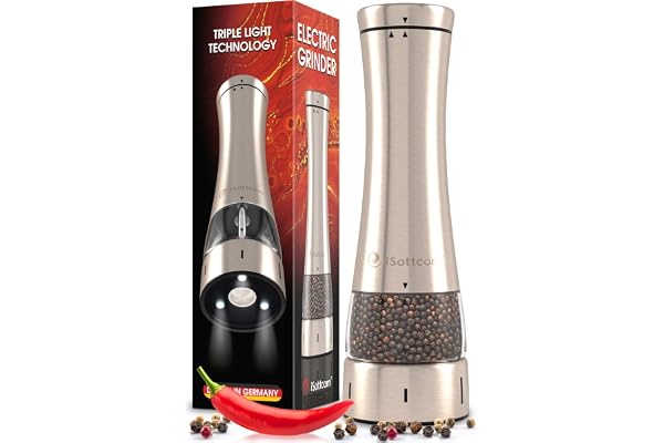 Broyeur à Épices Automatique - Pratique à 1 Main, Alimenté par 4 Piles AAA, Léger (Piles Non Comprise) - Moulin à Sel en Acier Inoxydable - Moulins Electrique INOX Brossé Réglable Rugosités avec LED