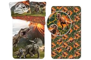 L.T.Preferita Dinosauri Jurassic Vulcano 3pezzi Set Letto Singolo Copripiumino 140x200 cm + Federa + Lenzuola con Angoli