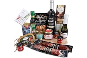 FAMILYCOM Cesto gourmet da regalare. Assortimento con cioccolatini regalo originali. Lotto di salsicce, conserve, selezione di vini e champagne, olio d'oliva e Picos gourmet.