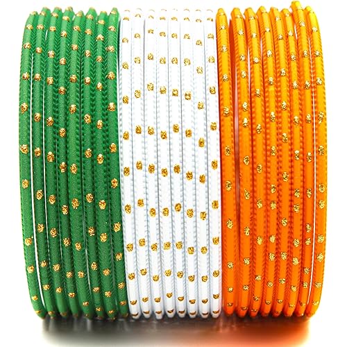Swara Creations Tricolor Metal Tiranga Bangles Set with Golden Dots for Women & Girls for Independence Day & Republic Day & Other Patriotic Occassions.