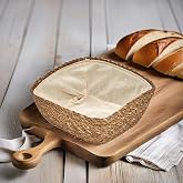 Deconox Handmade Wicker Square Bread Holder with Cloth Inside and Decorative Square Wicker Basket, Wicker Bread Basket Square with Cloth Inside (20cm*20cm*8