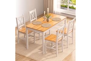 SogesPower Essgruppe für 4 Personen, Esstisch mit 4 Stühlen, Küchentisch Set aus Holz, Esszimmertisch und Stühle, Platzsparendes Möbel Set für Küche und Wohnzimmer, Natur/Weiß