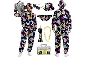 HZVRTN Vintage 80s 90s Outfit for Men, 8pcs 80s Fancy Dress Men, Hip Hop Tracksuit Costume with Glasses And Hat for Disco, Party, Music Festivals, Masquerade, Carnival
