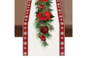 TELAIN Świąteczny bieżnik na stół z akwarelową palmą tech-palmą i czerwonymi gwiazdami bożonarodzeniowymi, wzór płatków śniegu, zimowa świąteczna dekoracja do domu, kuchni, 30 x 182 cm