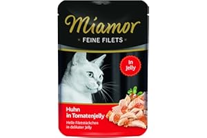 MIAMOR - Delikatne filety w galarecie | mokra karma dla dorosłych kotów z kawałkami filetu w galarecie. Niskotłuszczowa karma uzupełniająca w woreczku świeżości bez dodatków | 24 x 100 g kurczaka w