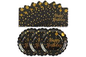 HFBOBP 50PCS Happy Birthday Paper Plates and Napkins, 7 Inch Black and Gold Scalloped Cake Dessert Plates Disposable Tableware Party Supplies Decorations