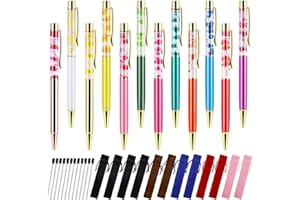 Chostky 12 Pcs Liquid Floral Ballpoint Pens, Fancy Metal Unique Flower Pens with 12 Pcs Black Ink Refills and 12 Pcs Drawstring Pen Bags for School Office Supplies Gift
