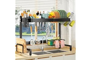 SAYZH Escurridor de Platos, Escurreplatos sobre Fregadero, Escurridor de Platos Ampliable (de 50.5 CM a 86 CM), con Soporte para Utensilios Portavasos, para Mostrador de Cocina, Inoxidable, Negro