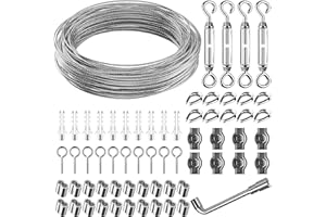 XINXINPHI 35m/3mm Cable con Ganchos & Tensores Alambre, Cuerda Tendedero Acero Inoxidable, Cuerda Suspensión para Tender Ropa Exterior, Plantas Trepadoras, Colgar Luces, Toldos, Soporte Planta,Lámpara Colgante