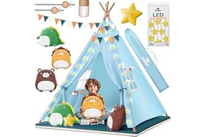 KIDIZ® Tipi Zelt für Kinder Spielzelt 100x100x160cm Kinderzelt aus Baumwolle mit LED-Lichterkette, Leuchtstern, Fahnengirlande, 3 Plüschtiere, Untermatte & Tragetasche Spielhaus für drinnen & draußen