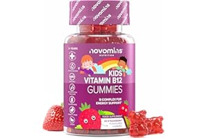Gommes Vitamine B12 Enfant – Complexe Vitamines B (B1, B2, B6, B12) + Biotine & Acide Folique – Énergie, Fatigue, Métabolisme – Vegan, Sans Gluten – 30 Gommes Fraise – Novomins