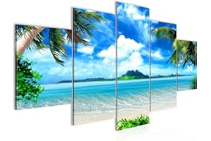 Runa Art - Tableau Plage Palmiers 200 x 100 cm 5 Parties XXL Decoration Murale Dessin Bleu Beige 603351a