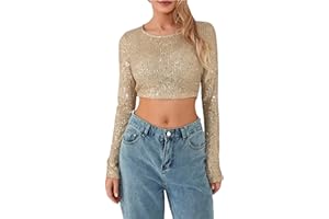 FYLOVERY Women Full Sequin Long Sleeve Cropped Tops Sparkle Glitter Round Neck Show Navel Bodysuit T-Shirt Blouses E-Girl Streetwear Clubwear