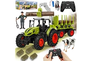 BuzzoXerex RC Tractor with Trailer and Light, 1:16 Scale, 2.4 GHz, Includes Tree Trunks, Cow, Hay Bales - Gift for Kids 3-6 Years