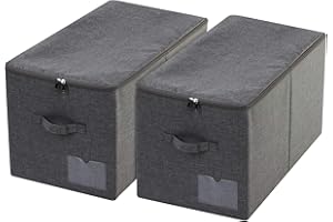 Amonsen Juego de 2 cestas de almacenamiento con tapa, rígidas, plegables y lavables, ahorran espacio para ropa de cama, ropa, libros, álbumes de fotos, color negro y gris