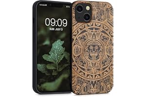 kwmobile Carcasa Compatible con Apple iPhone 13 Funda - Funda de Madera de Cerezo con Bumper antigolpes - Calendario Azteca