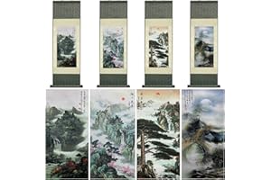 Valart Lot de 4 peintures murales asiatiques en soie - Motif cascade - Paysage de rivière - Beau art chinois à suspendre - Décoration orientale - 91,9 x 30,5 cm