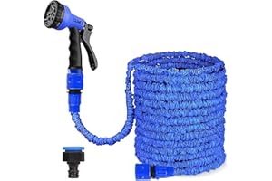 CLMCL 25ft/50ft/100ft/125ft/150ft Expandable Garden Hose Pipes, Expandable Garden Hose Flexible Stretch Water Pipe for Home Lawn Car with 8 Function Professional Water Spray Nozzle (25ft,Blue)