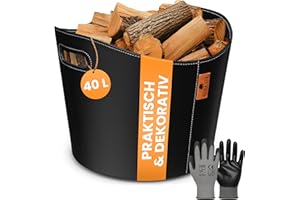 BLACK OAK DAKOTA L 40L Holzkorb für Kaminholz - Kunstleder schwarz 30kg Traglast - 40 Liter 40x38x32cm - Kaminholzkorb Holzkorb Brennholzkorb Tasche Korb für Holz Transport & Aufbewahrung schwarz