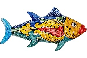 sicilia bedda - PESCI IN CERAMICA DI CALTAGIRONE da Parete - Prodotti Artigianali realizzati e Dipinti a Mano (Tonno Pinna Blu, 30x16)