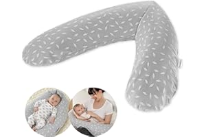 Theraline Original Almohada Embarazada XXL 190 cm - Cojin Lactancia Bebe 100% Algodón - Relleno de Microperlas Silenciosas - Cojín Dormir Embarazo Sin Sustancias Nocivas - Gris Hojas