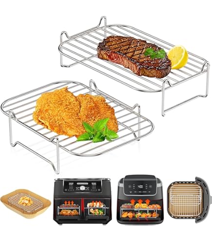 Set Di 2 Griglie In Acciaio Inox 304 Per Friggitrice Ad Aria Ninja Foodi Dual Zone + 100 Fogli Di Carta Forno - Per AF300EU E AF400EU - copertina