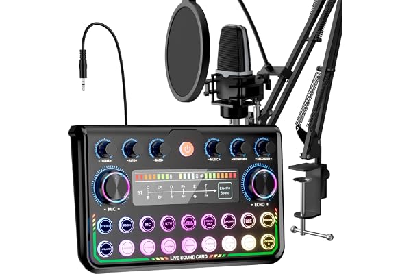 SINWE Pack d'Équipement Podcast, Interface Audio avec Micro Condensateur Studio pour Smartphone & PC, Carte Son Live Plug-and-Play, Idéal pour Streaming, Chant, YouTube et Jeu