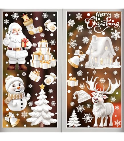 Pegatinas Navideñas Para Ventana - 9 Unidades, Motivos De Copo De Nieve, Papá Noel, Reno, Sin Adhesivo, Reutilizables