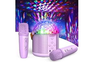 Dislocati Karaoke System with 2 Bluetooth Microphones Music Gift Toy Girl 3-15 Years Karaoke Microphone Set with Disco Lamp and 5 Sound Effects, Ideal for Family Parties and Outdoor Parties