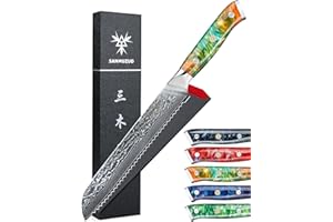 SANMUZUO Coltello da Pane Damasco Professionale - Coltello da Cucina 20 cm, Coltelli Pane di Acciaio Damasco da 67 Strati- Impugnatura Ergonomica Resina - Xuan Series(Fantasy Orange)