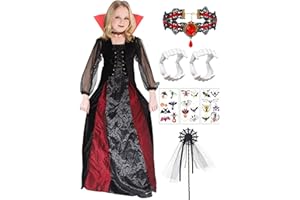 Mrsclaus Vampir Kostüm Mädchen Halloween Königin Kostüm Vampir Kleid Verkleidung mit Halsband und Kinder-Vampirgebiss Vampir Halskette Karneval Mottoparty Dracula Cosplay Party