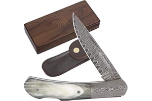 YOUSUNLONG Pratico Coltello da Tasca Pieghevole Totale 175 mm in Acciaio di Damasco Giapponese - Manico di megafono Include Fodero in Pelle e Scatola di coltelli in Legno