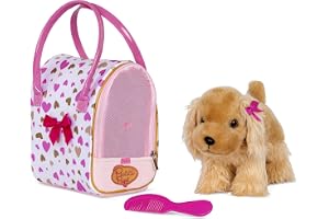 Pucci Pups – mjuk plyschvalp – hundbärare – leksakscocker spaniel – väska med rosa och gyllene hjärtmönster samt cocker spaniel och kam – mjukdjur – 3+ år