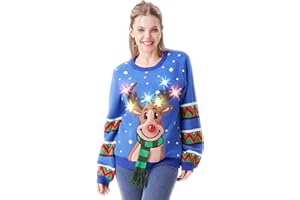 JOYIN LED Light Up Reindeer Ugly Womens Christmas Jumper Built-in Light Bulbs Red Black Blue Xmas Long Sweater Top (S-XL)