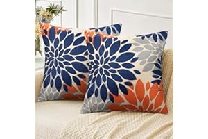 Velvhom Copricuscini Divano Lino Autunno Inverno Federe Cuscini Divano 50x50cm Esterno Arancione Blu Grigio Dalia Floreale per Casa Soggiorno Camera da Letto Quadrati Federa Arredo 2 Pezzi